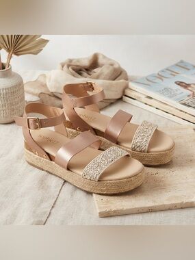 Womens Neutral Espadrille Platform Sandals with Ankle Strap
